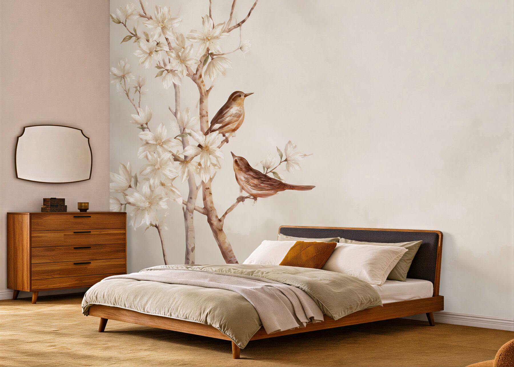 Fototapeta ptaki na kwitnącej gałęzi magnolii beżowa pastelowa?v23
