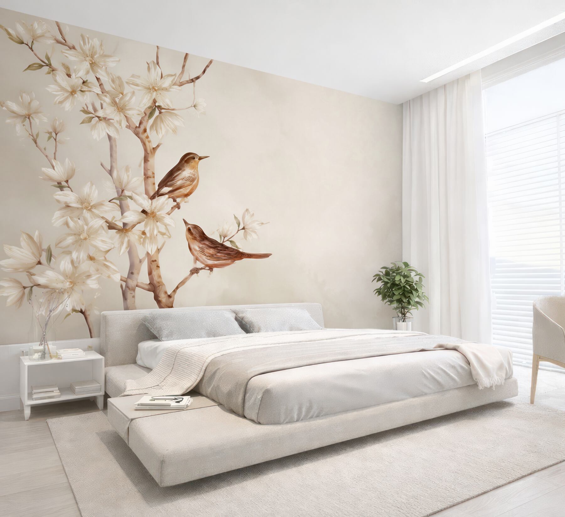 Fototapeta ptaki na kwitnącej gałęzi magnolii beżowa pastelowa?v23