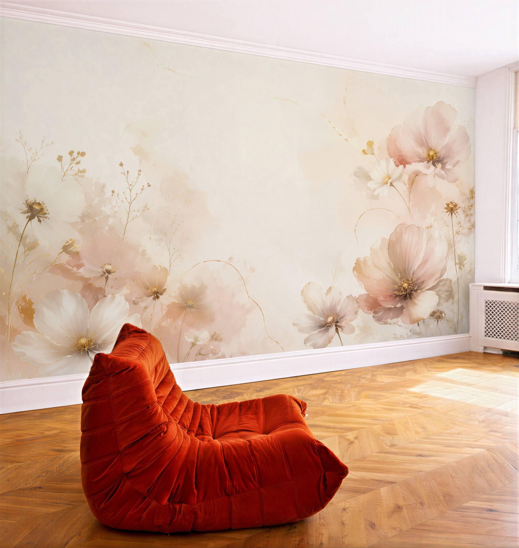 Fototapeta beżowe kwiaty akwarelowe ze złotymi detalami?v23