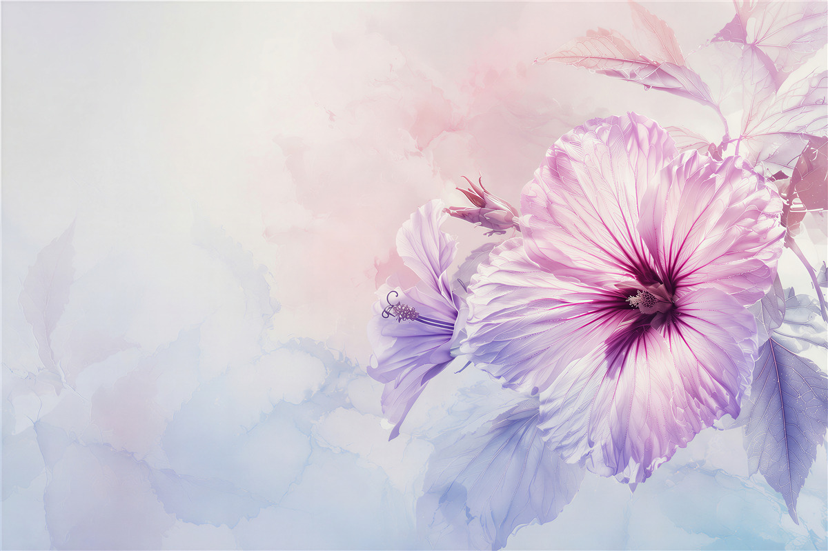 Fototapeta hibiskus różowo fioletowy w pastelowej akwareli