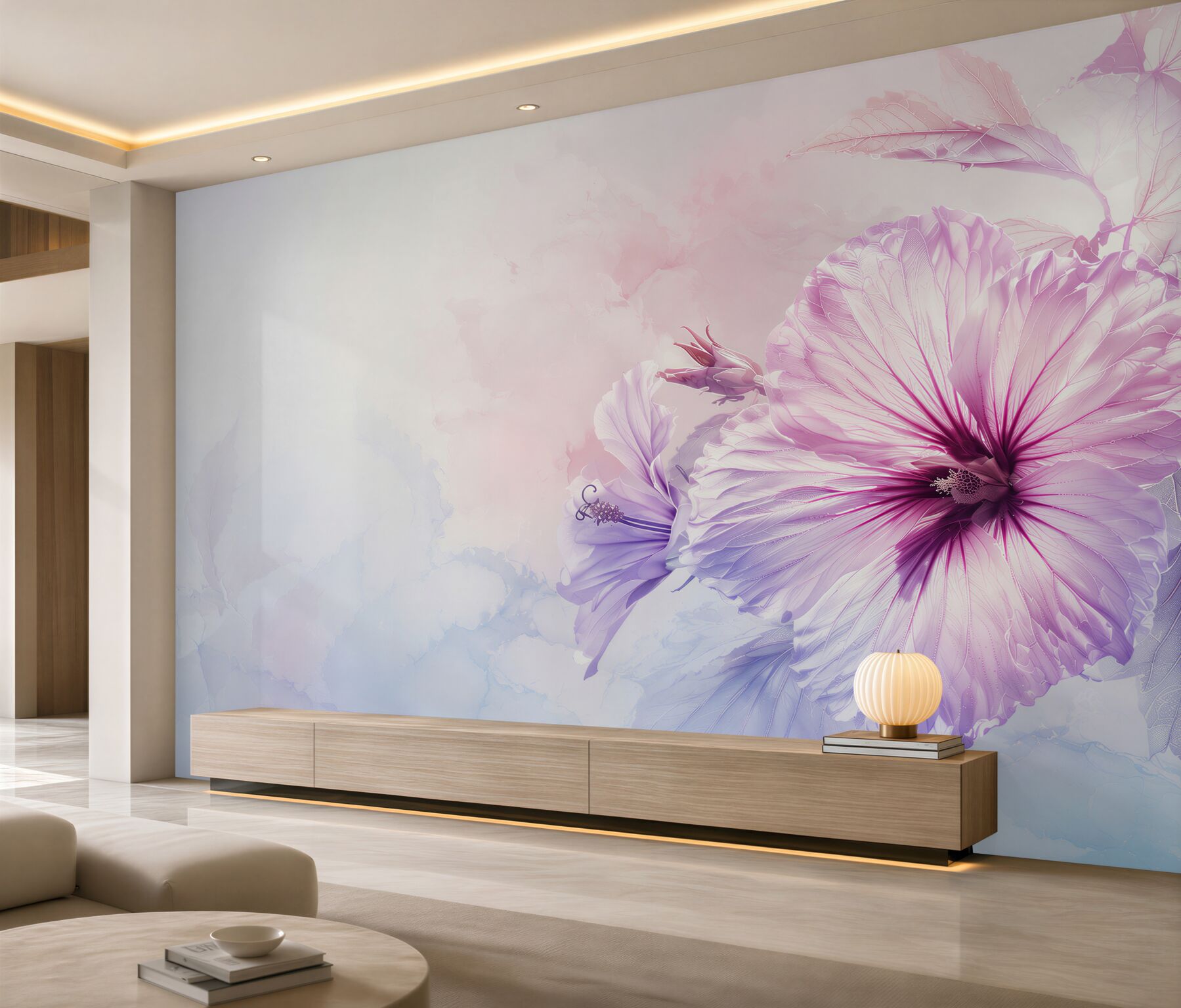 Fototapeta hibiskus różowo fioletowy w pastelowej akwareli?v23