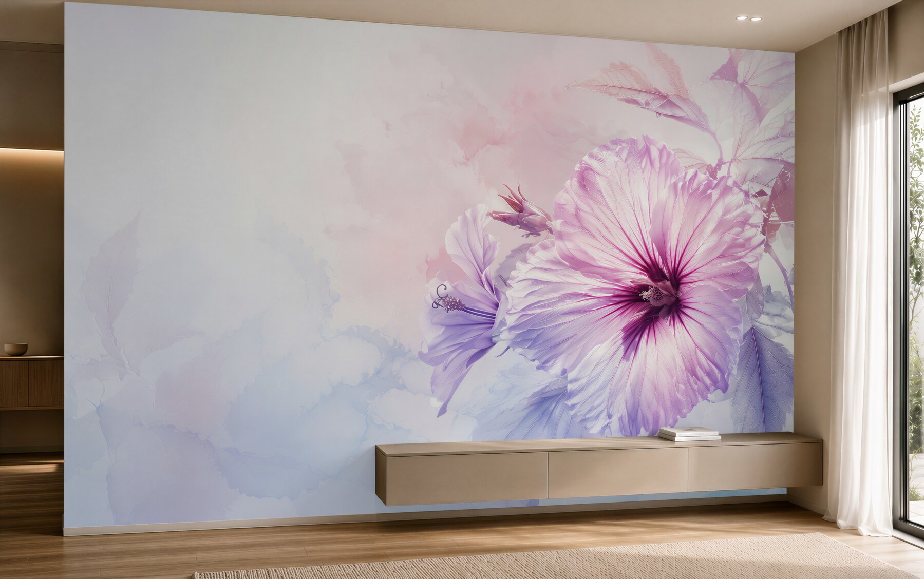 Fototapeta hibiskus różowo fioletowy w pastelowej akwareli?v23
