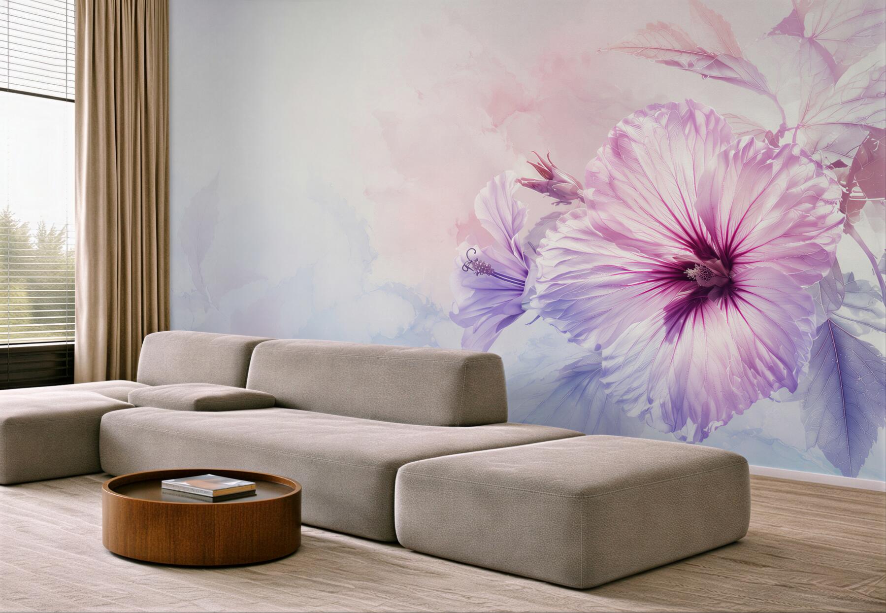 Fototapeta hibiskus różowo fioletowy w pastelowej akwareli?v23