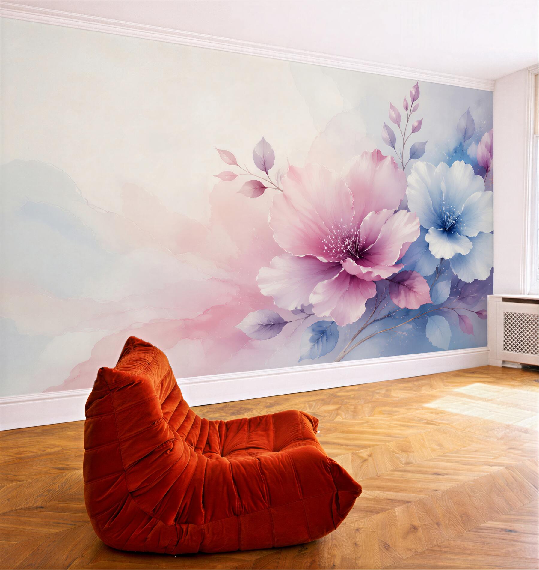 Fototapeta duże kwiaty pastelowe różowe i błękitne eleganckie?v23