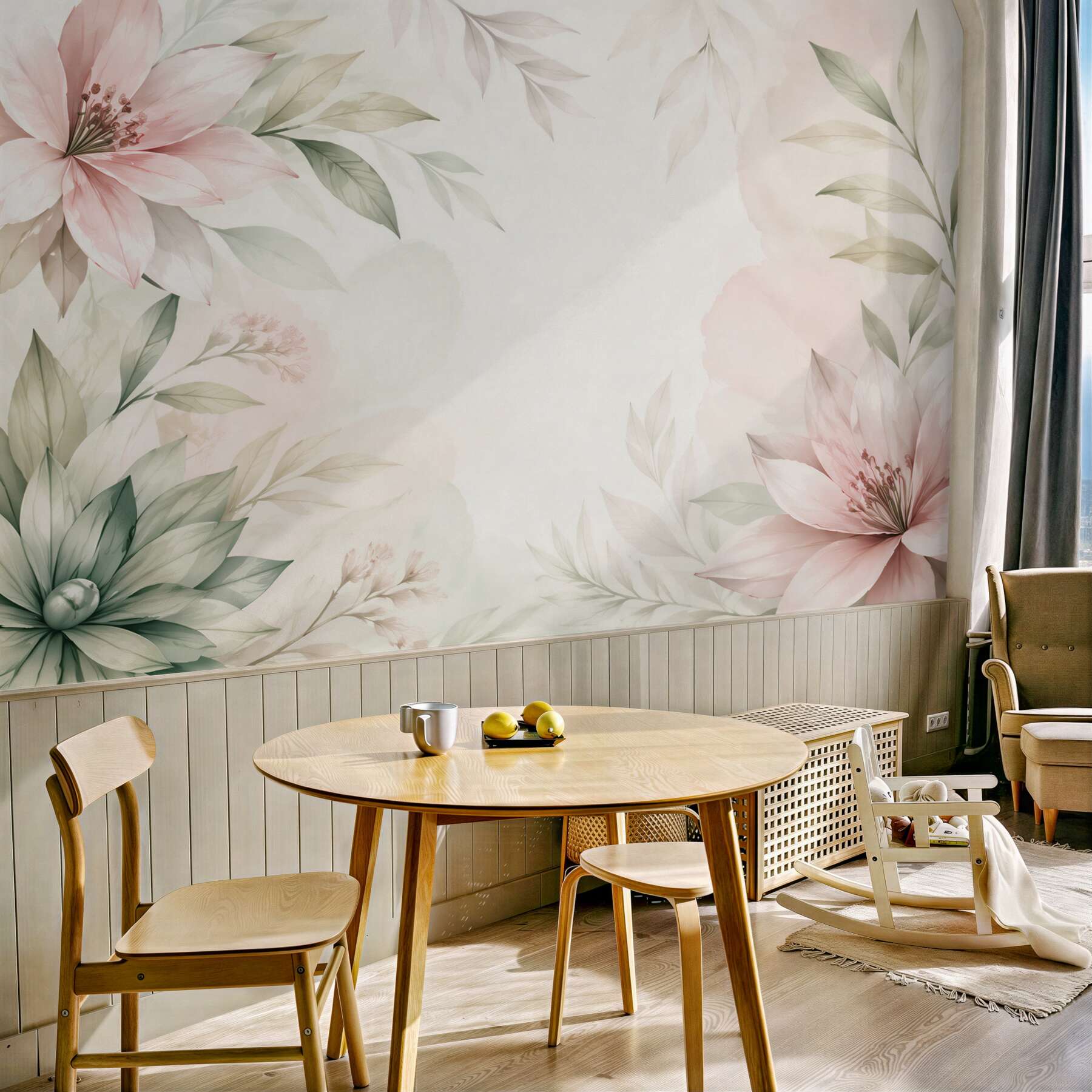 Fototapeta pastelowe kwiaty i liście w subtelnej botanicznej kompozycji?v23