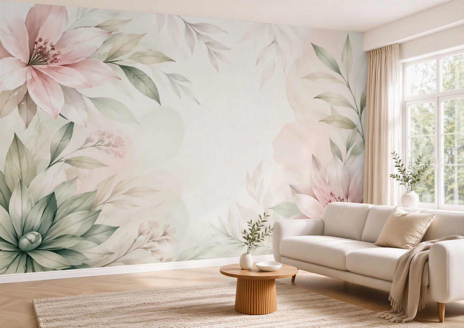 Fototapeta pastelowe kwiaty i liście w subtelnej botanicznej kompozycji?v23