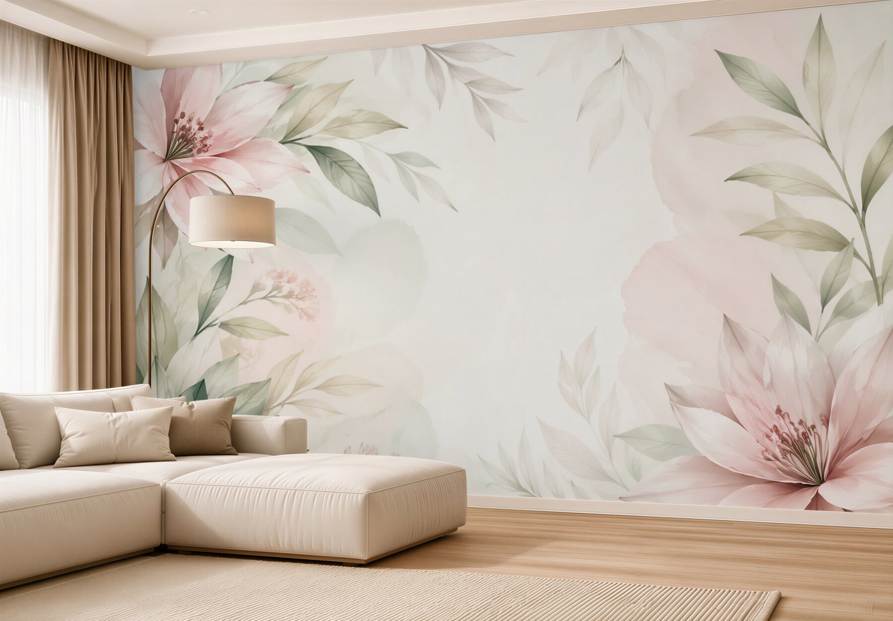 Fototapeta pastelowe kwiaty i liście w subtelnej botanicznej kompozycji?v23