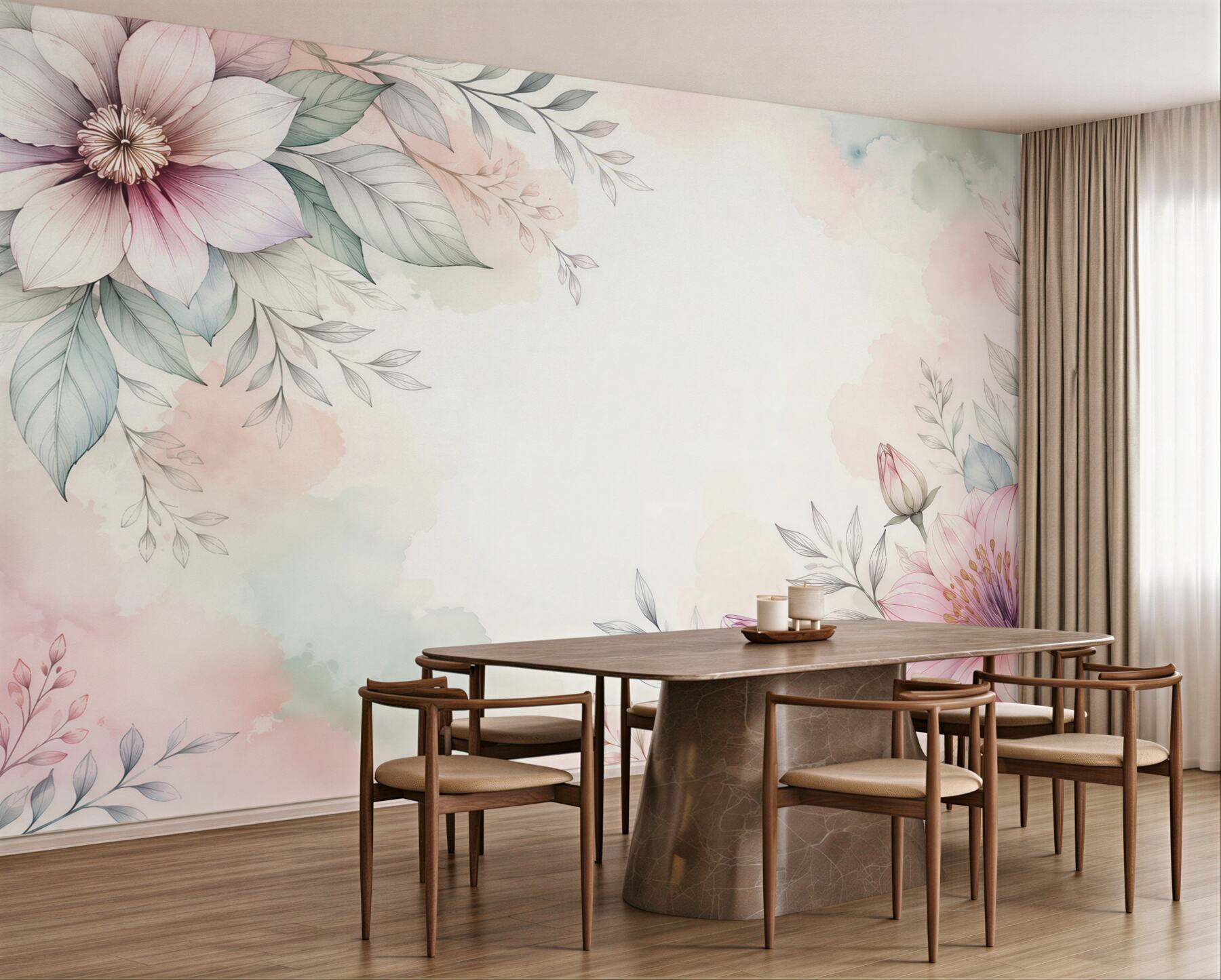 Fototapeta kwiaty pastelowe z liśćmi subtelna botaniczna kompozycja?v23