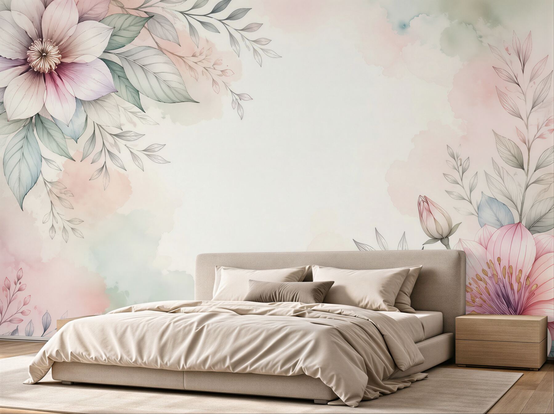 Fototapeta kwiaty pastelowe z liśćmi subtelna botaniczna kompozycja?v23