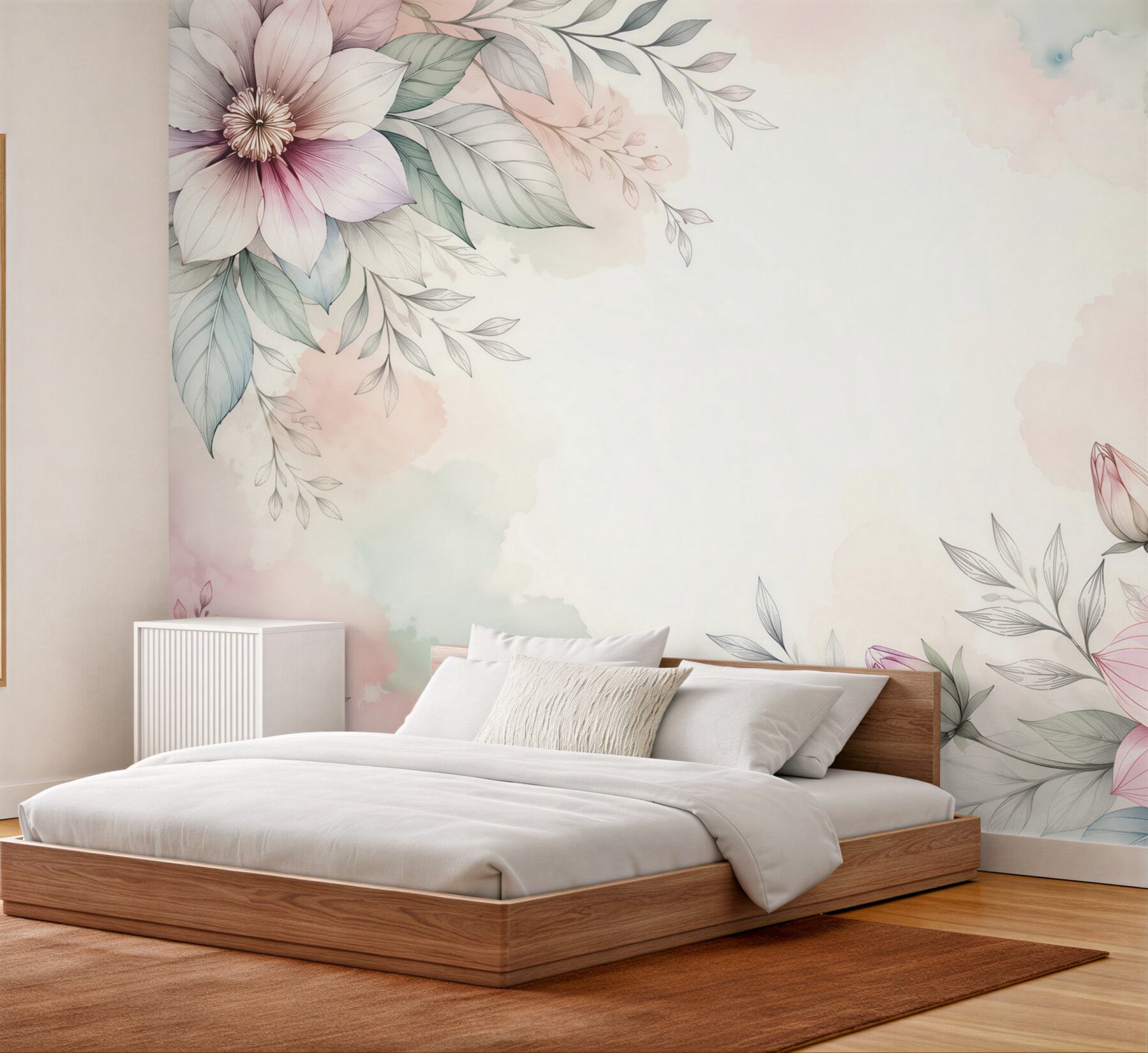 Fototapeta kwiaty pastelowe z liśćmi subtelna botaniczna kompozycja?v23