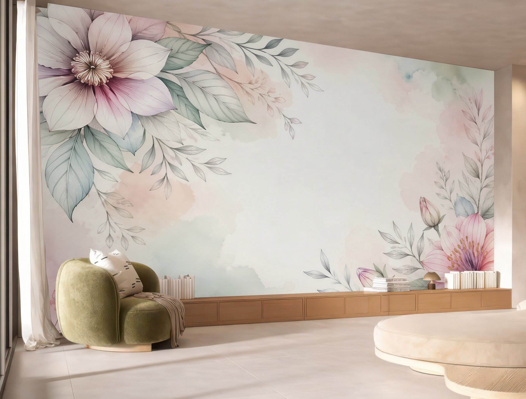 Fototapeta kwiaty pastelowe z liśćmi subtelna botaniczna kompozycja?v23