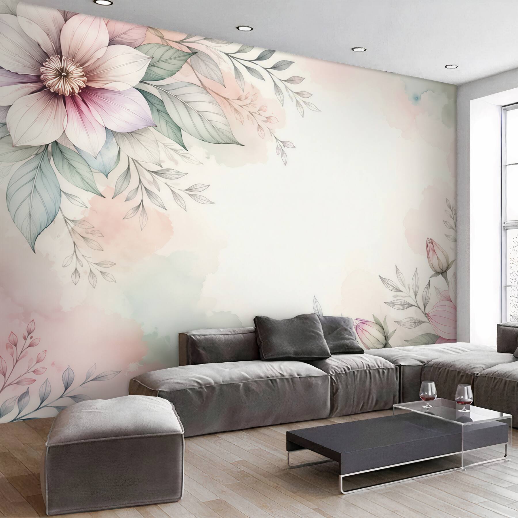Fototapeta kwiaty pastelowe z liśćmi subtelna botaniczna kompozycja?v23