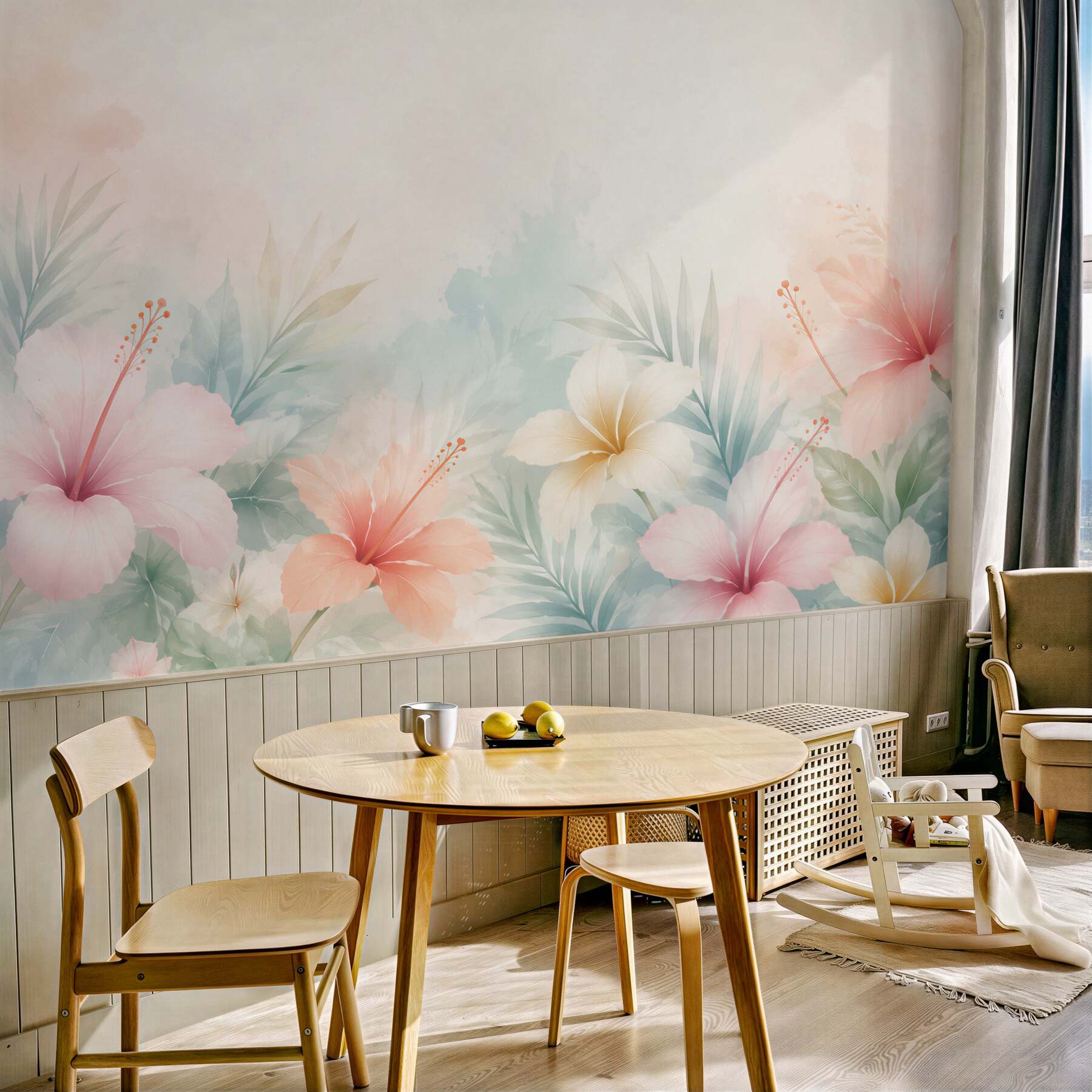 Fototapeta hibiskusy tropikalne pastelowe z liśćmi palmowymi?v23