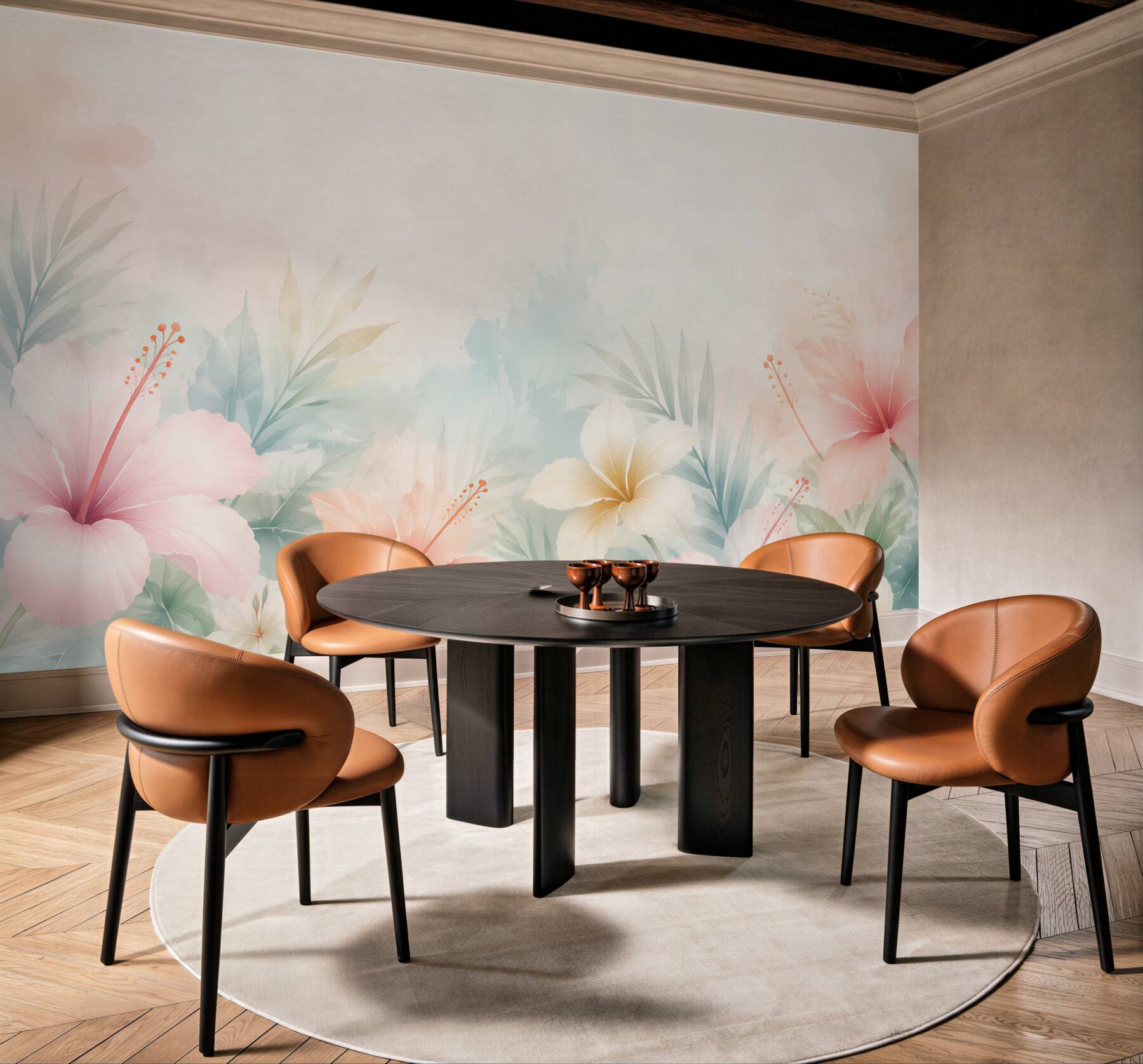 Fototapeta hibiskusy tropikalne pastelowe z liśćmi palmowymi?v23