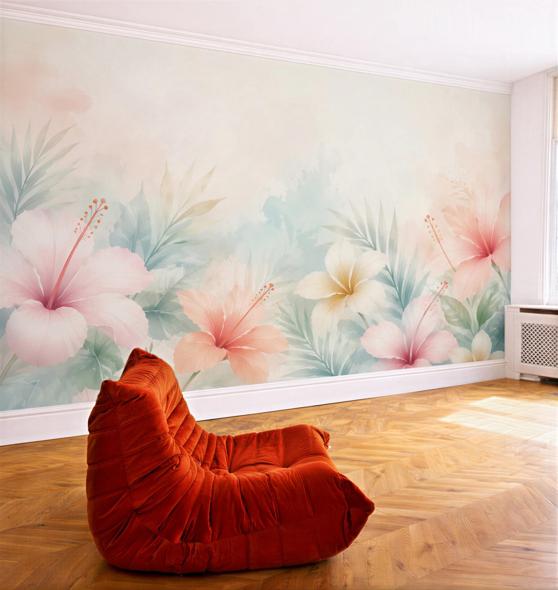 Fototapeta hibiskusy tropikalne pastelowe z liśćmi palmowymi?v23
