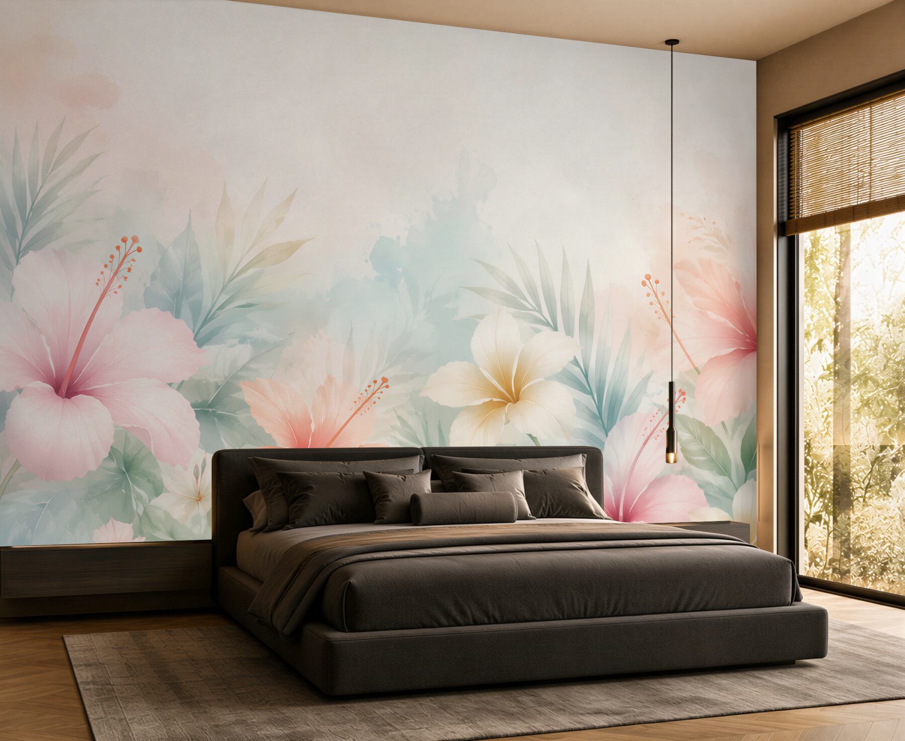 Fototapeta hibiskusy tropikalne pastelowe z liśćmi palmowymi?v23
