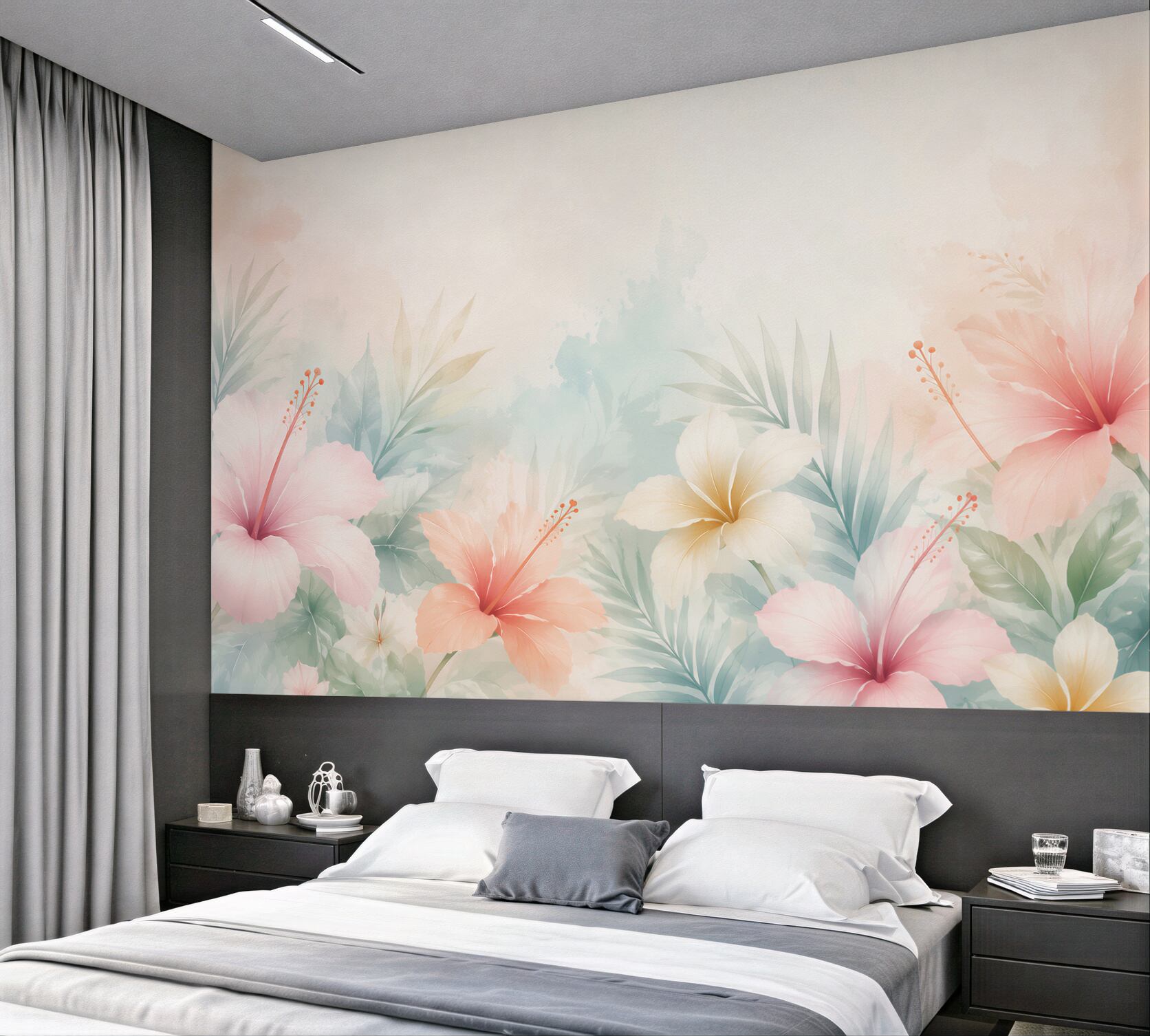 Fototapeta hibiskusy tropikalne pastelowe z liśćmi palmowymi?v23