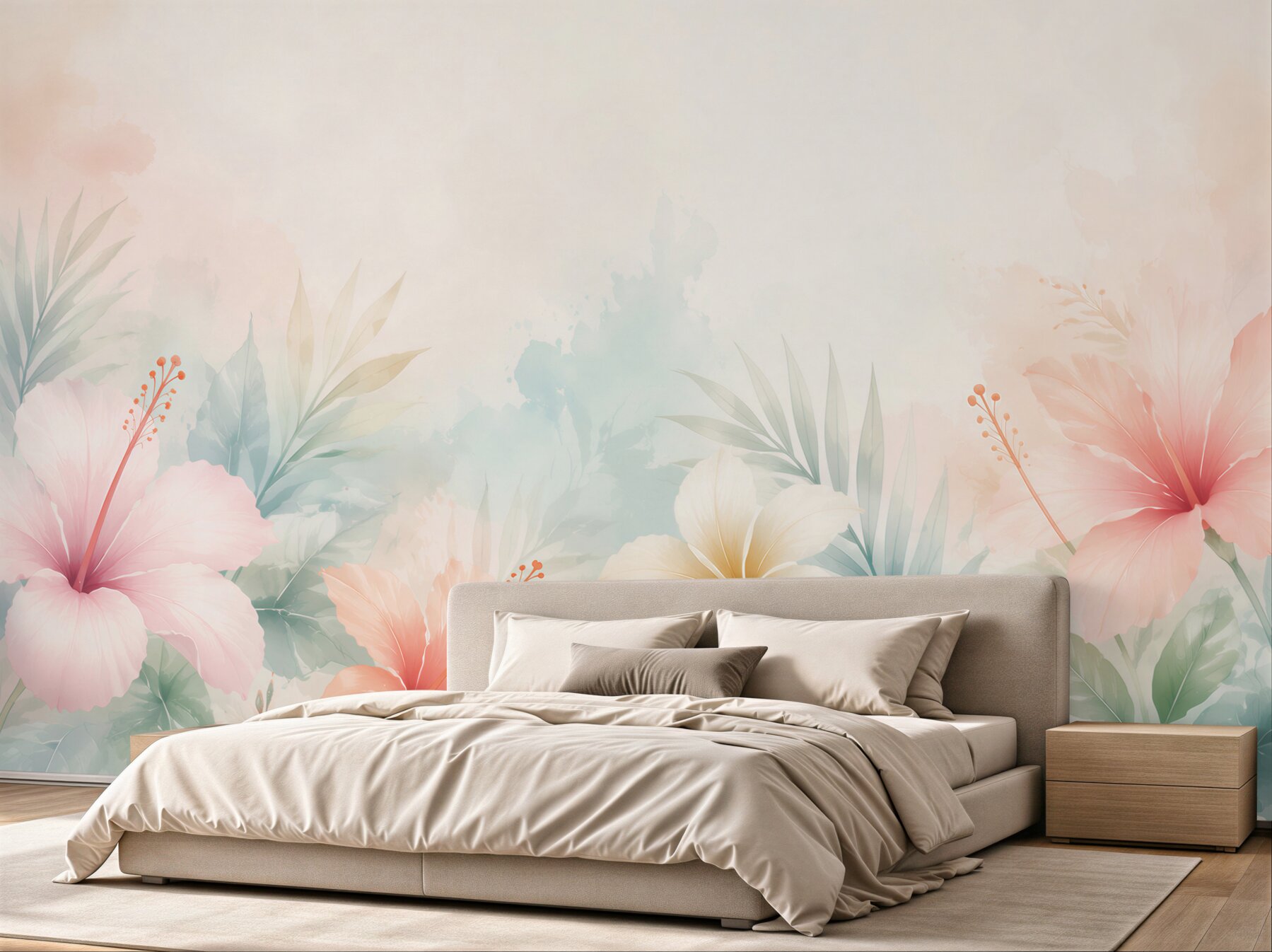 Fototapeta hibiskusy tropikalne pastelowe z liśćmi palmowymi?v23