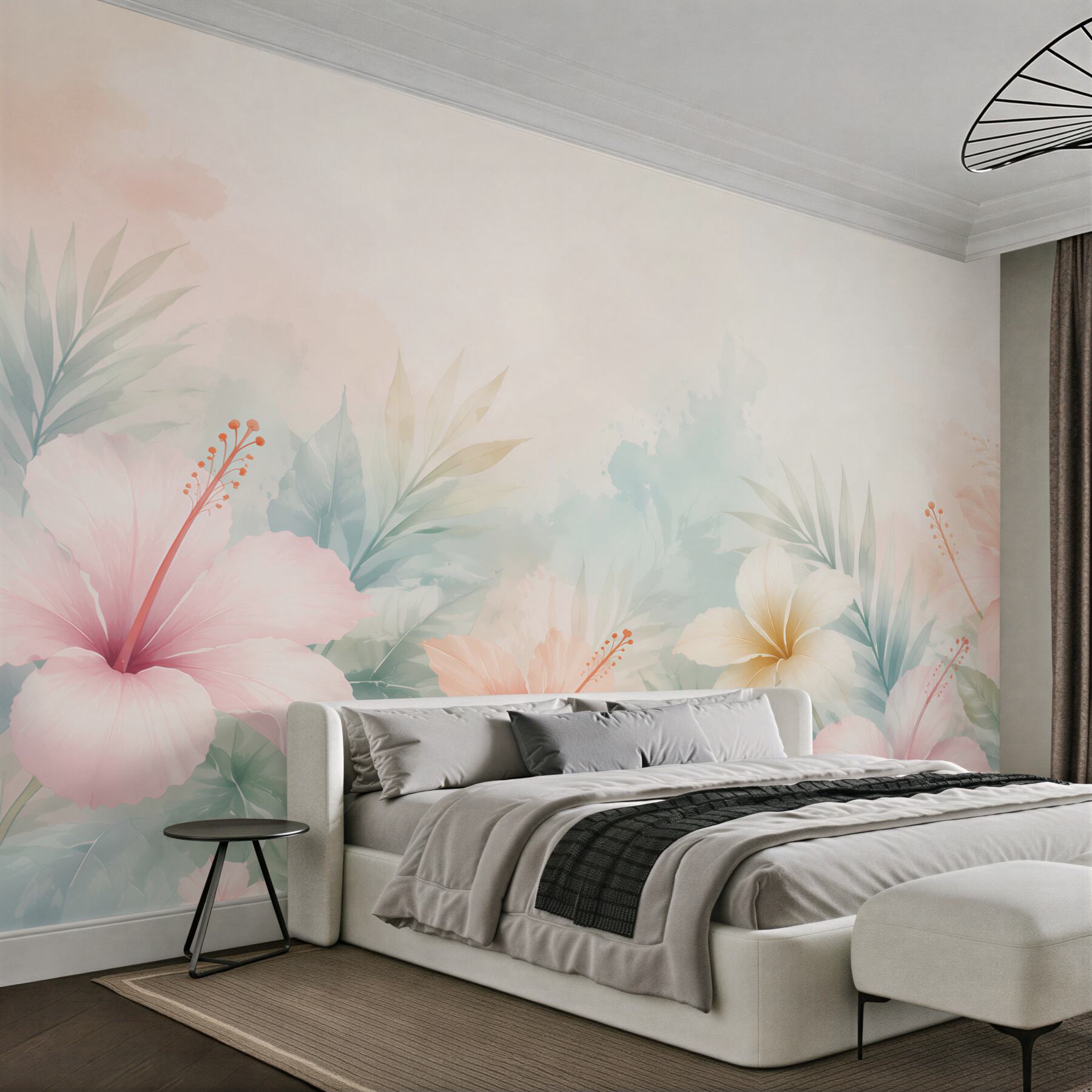 Fototapeta hibiskusy tropikalne pastelowe z liśćmi palmowymi?v23