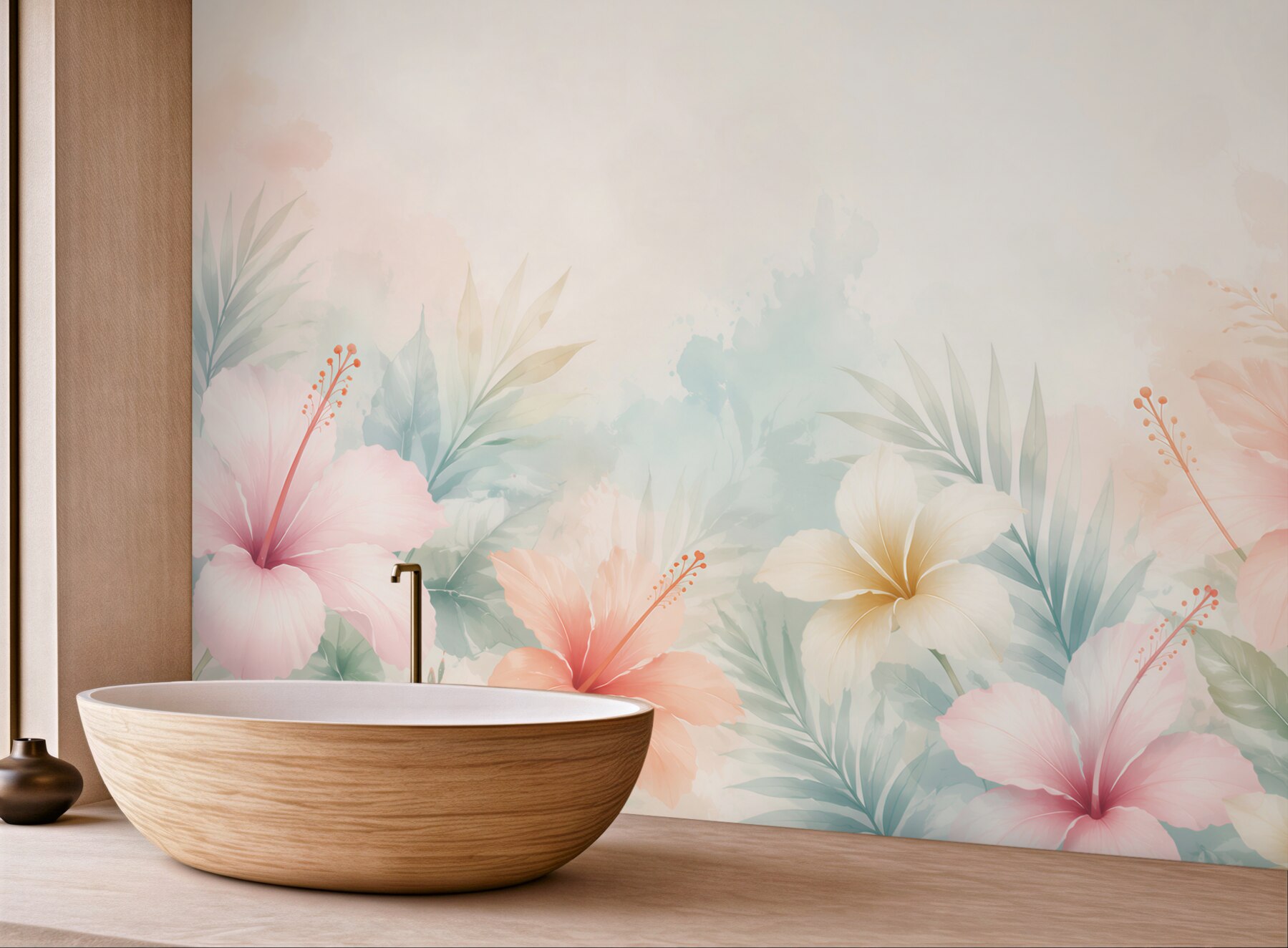 Fototapeta hibiskusy tropikalne pastelowe z liśćmi palmowymi?v23