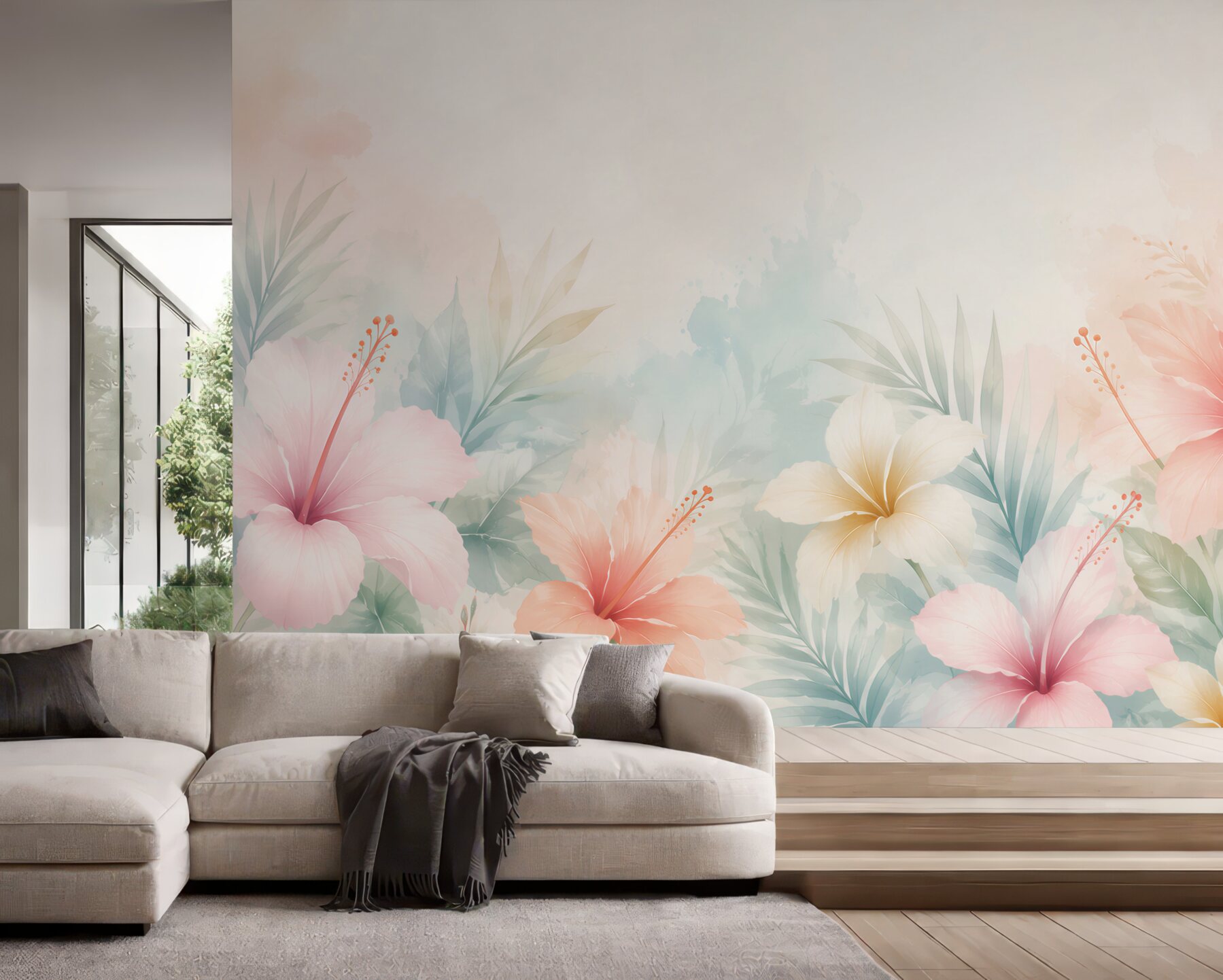 Fototapeta hibiskusy tropikalne pastelowe z liśćmi palmowymi?v23