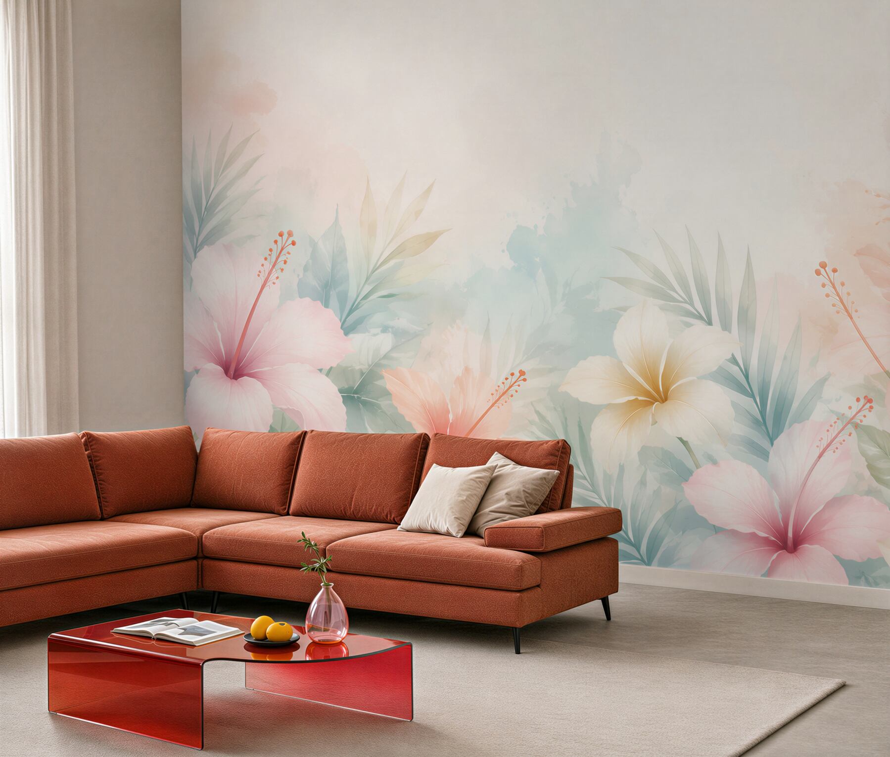 Fototapeta hibiskusy tropikalne pastelowe z liśćmi palmowymi?v23