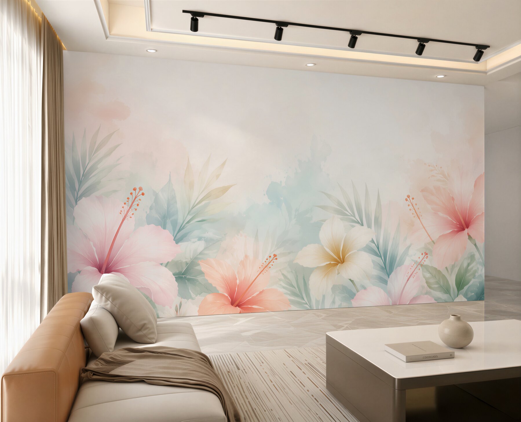 Fototapeta hibiskusy tropikalne pastelowe z liśćmi palmowymi?v23