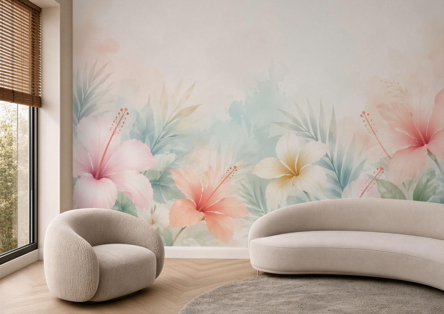 Fototapeta hibiskusy tropikalne pastelowe z liśćmi palmowymi?v23