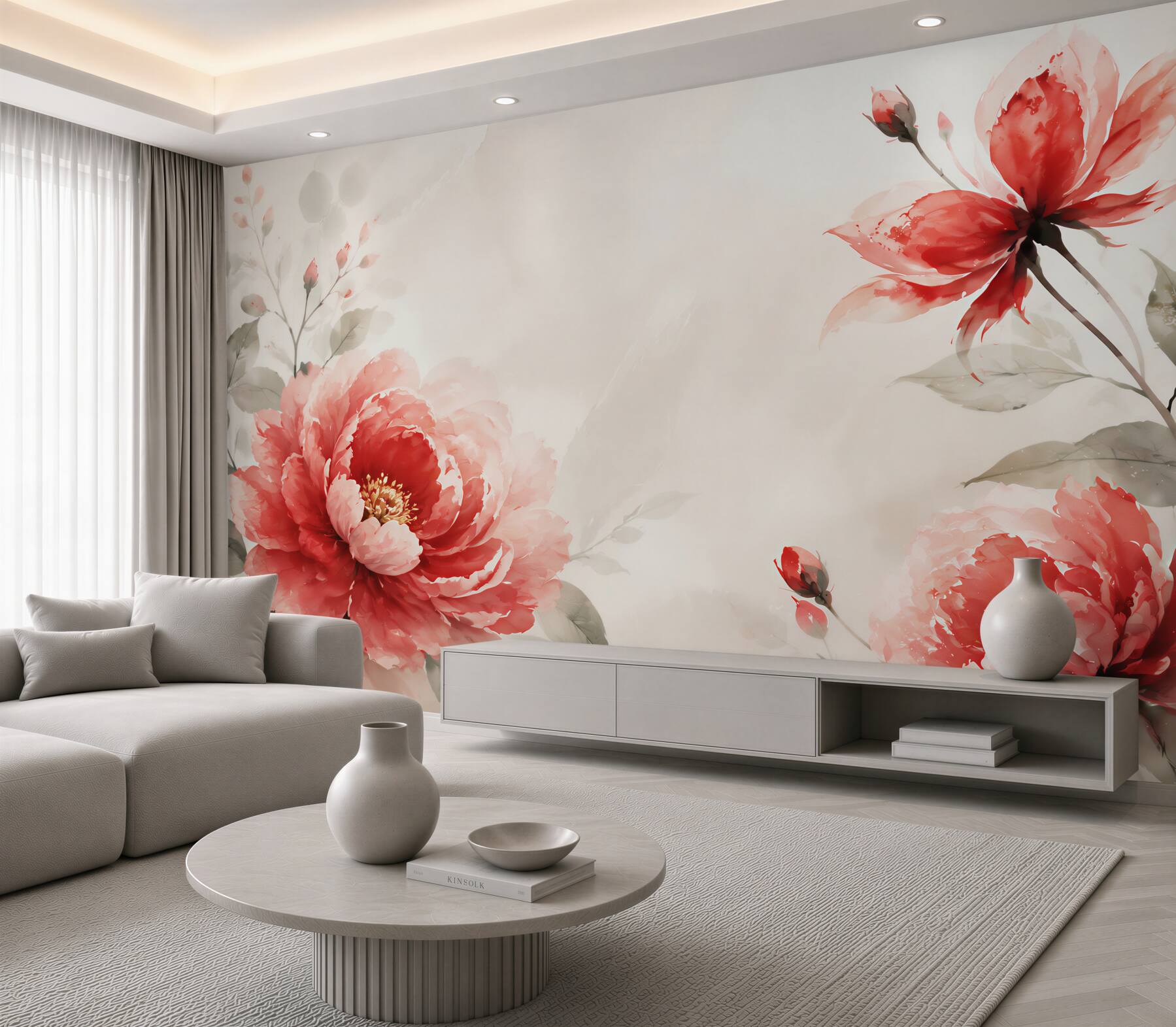 Fototapeta czerwone piwonie akwarelowe na jasnym tle elegancka?v23