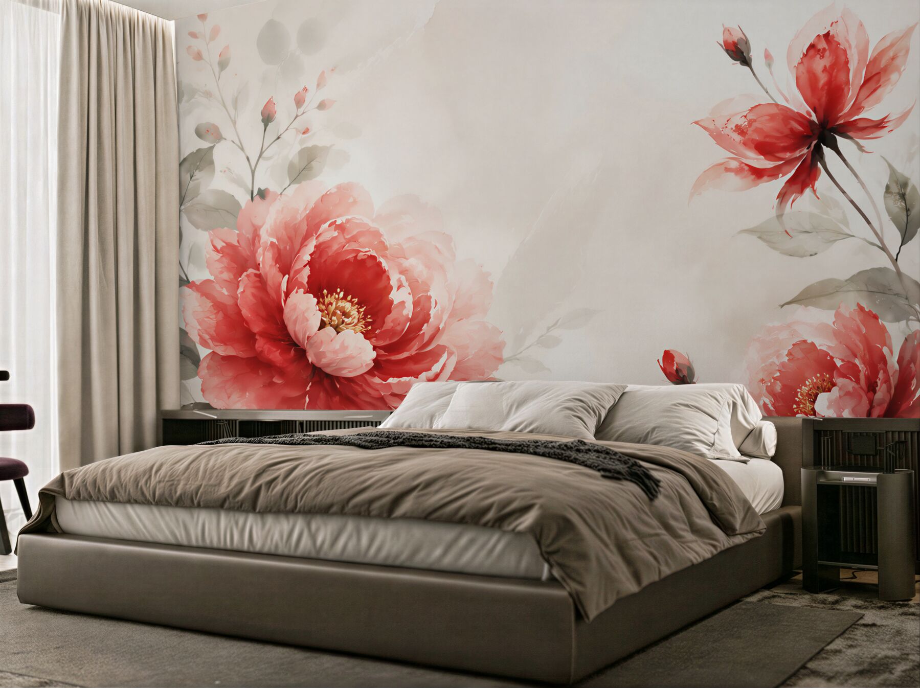 Fototapeta czerwone piwonie akwarelowe na jasnym tle elegancka