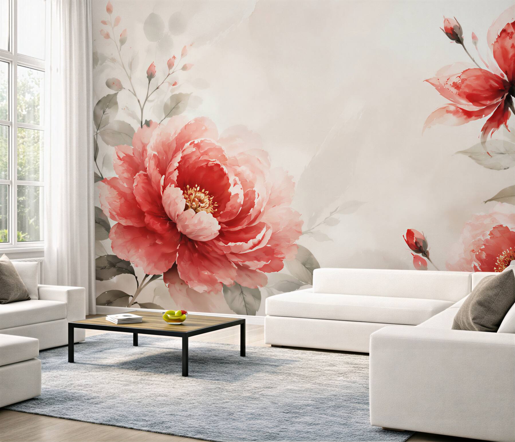 Fototapeta czerwone piwonie akwarelowe na jasnym tle elegancka?v23