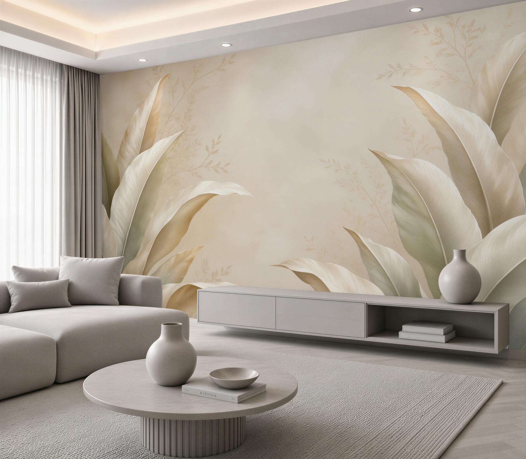 Fototapeta beżowe liście tropikalne delikatne eleganckie do salonu?v23