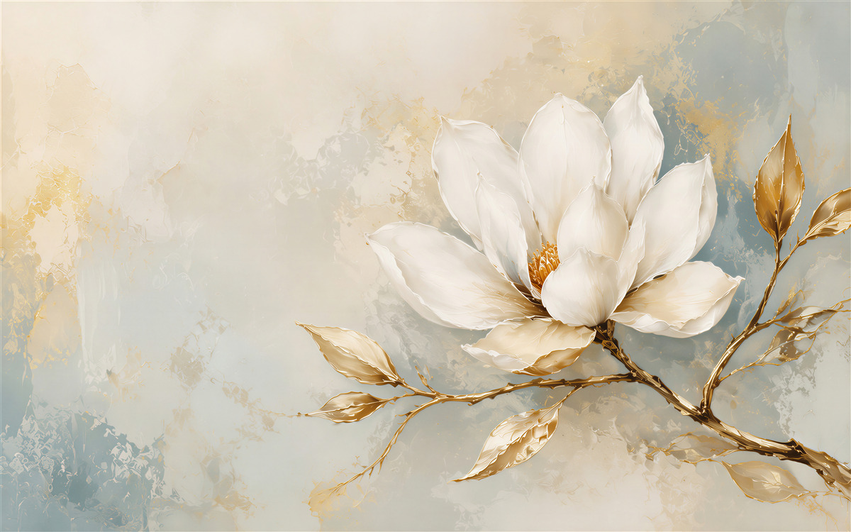 Fototapeta biała magnolia ze złotymi liśćmi na jasnym tle