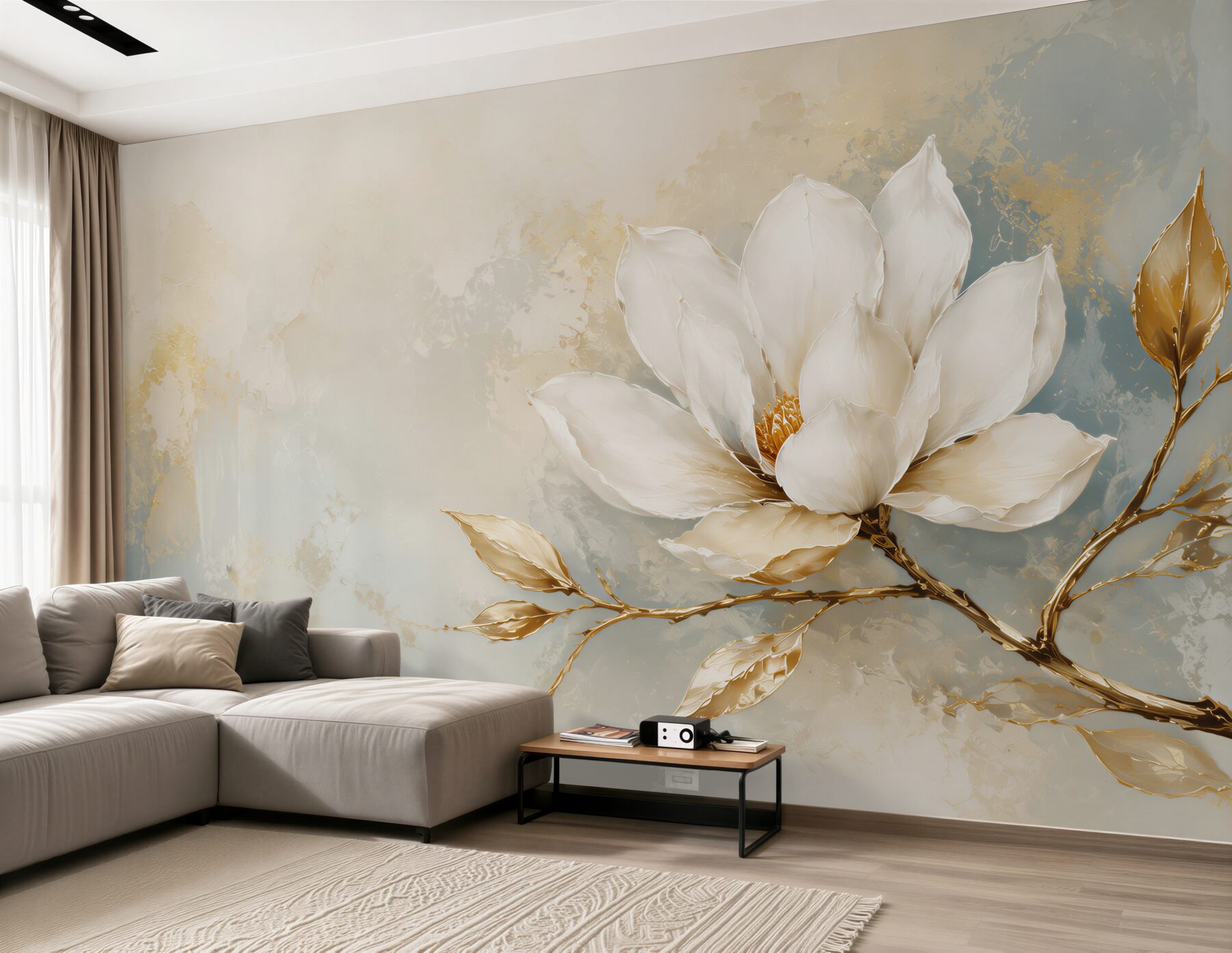 Fototapeta biała magnolia ze złotymi liśćmi na jasnym tle?v23