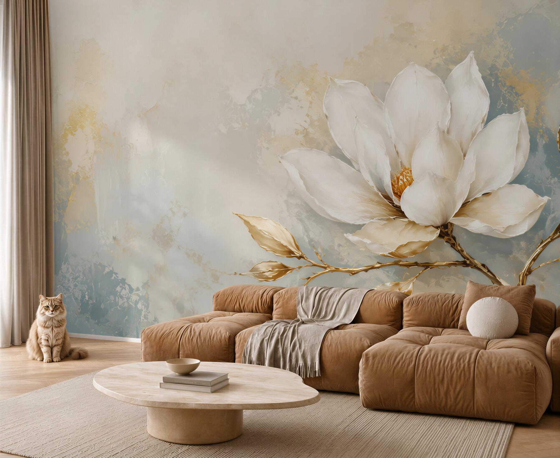 Fototapeta biała magnolia ze złotymi liśćmi na jasnym tle?v23