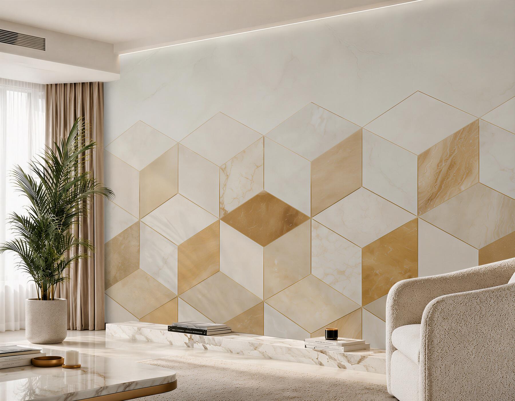 Fototapeta geometryczne kostki marmur biało złoty elegancka abstrakcja