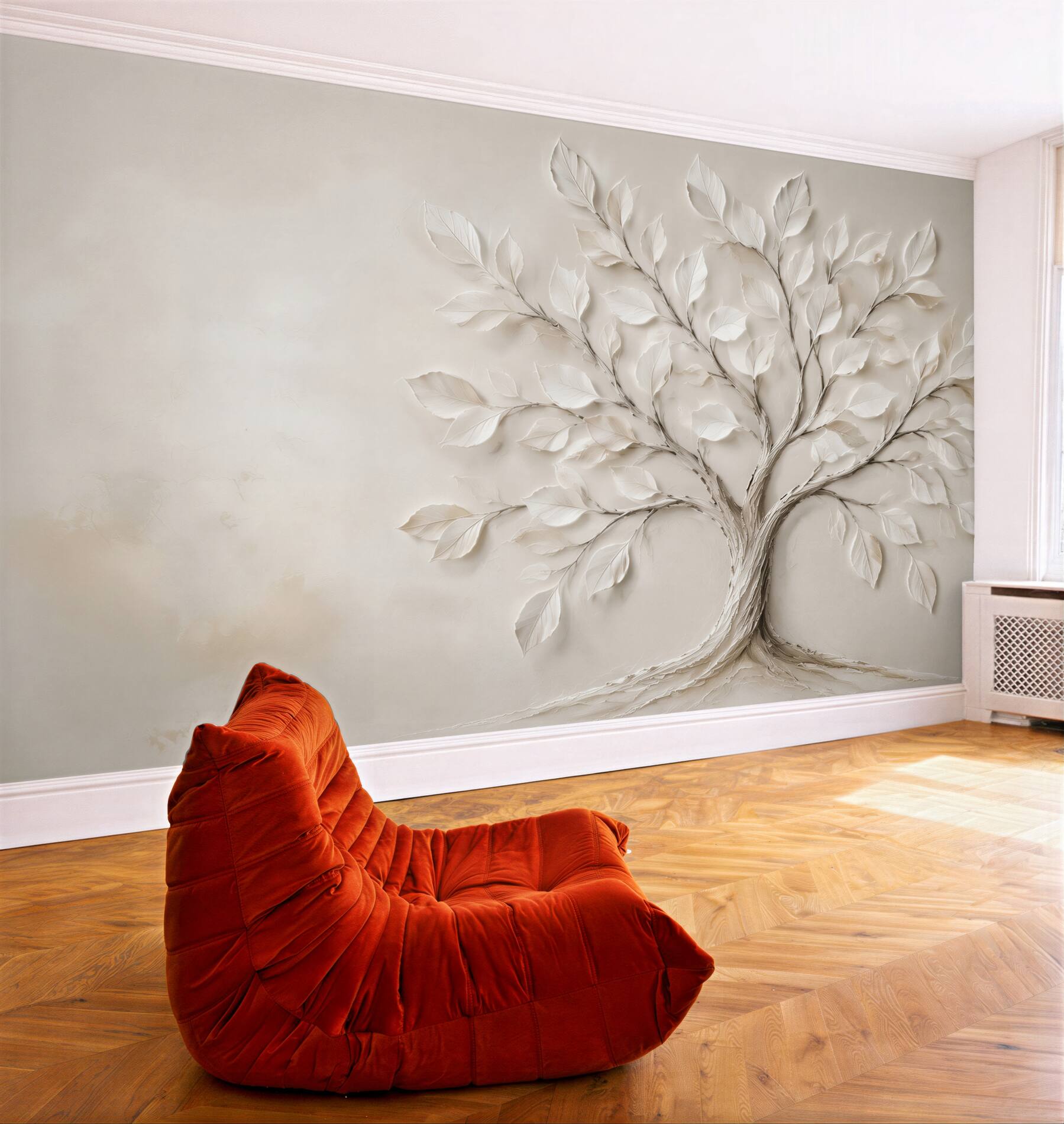 Fototapeta białe drzewo z liśćmi 3D na kremowym tle minimalistyczna?v23