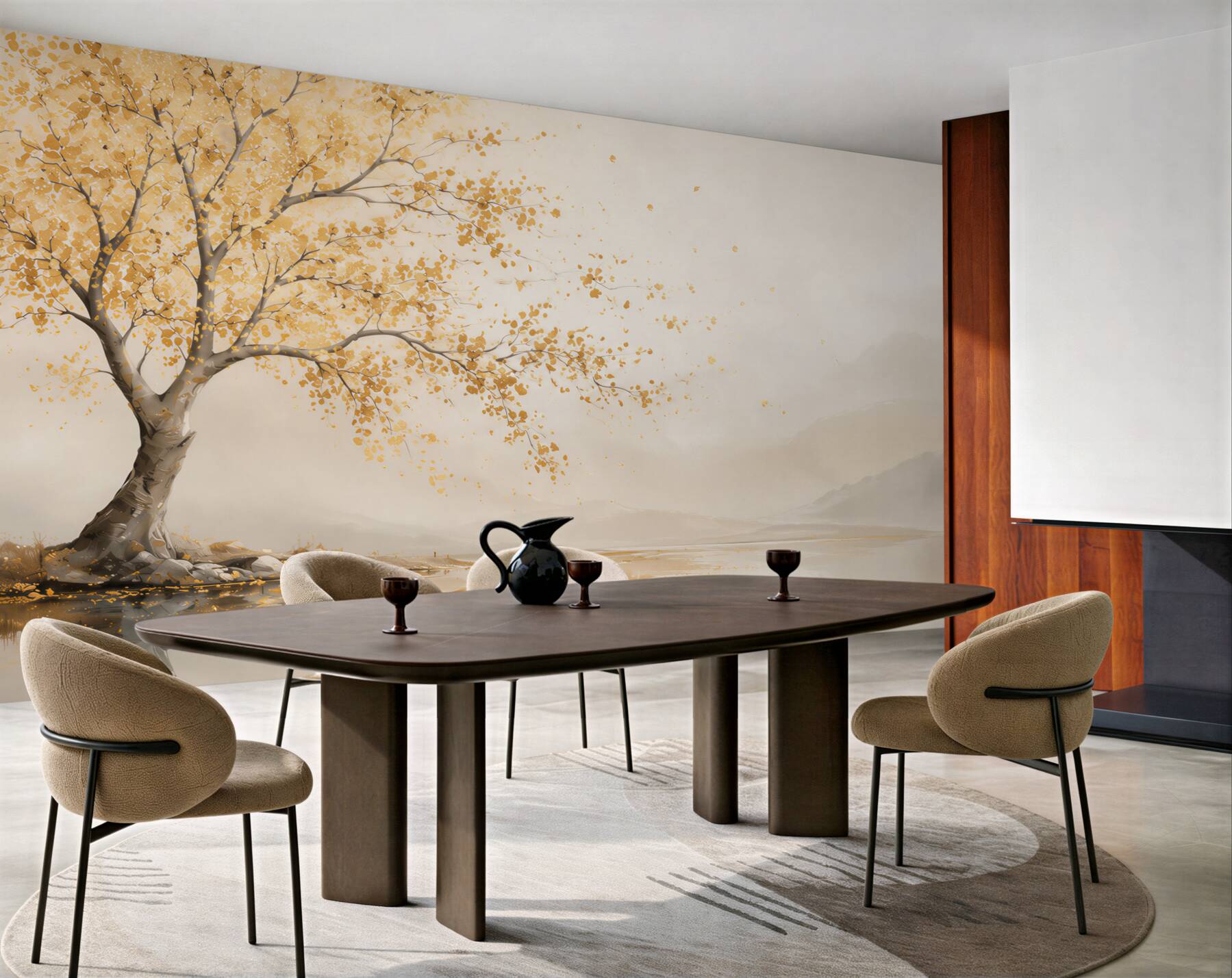Fototapeta złote drzewo nad jeziorem we mgle spokojny krajobraz?v23