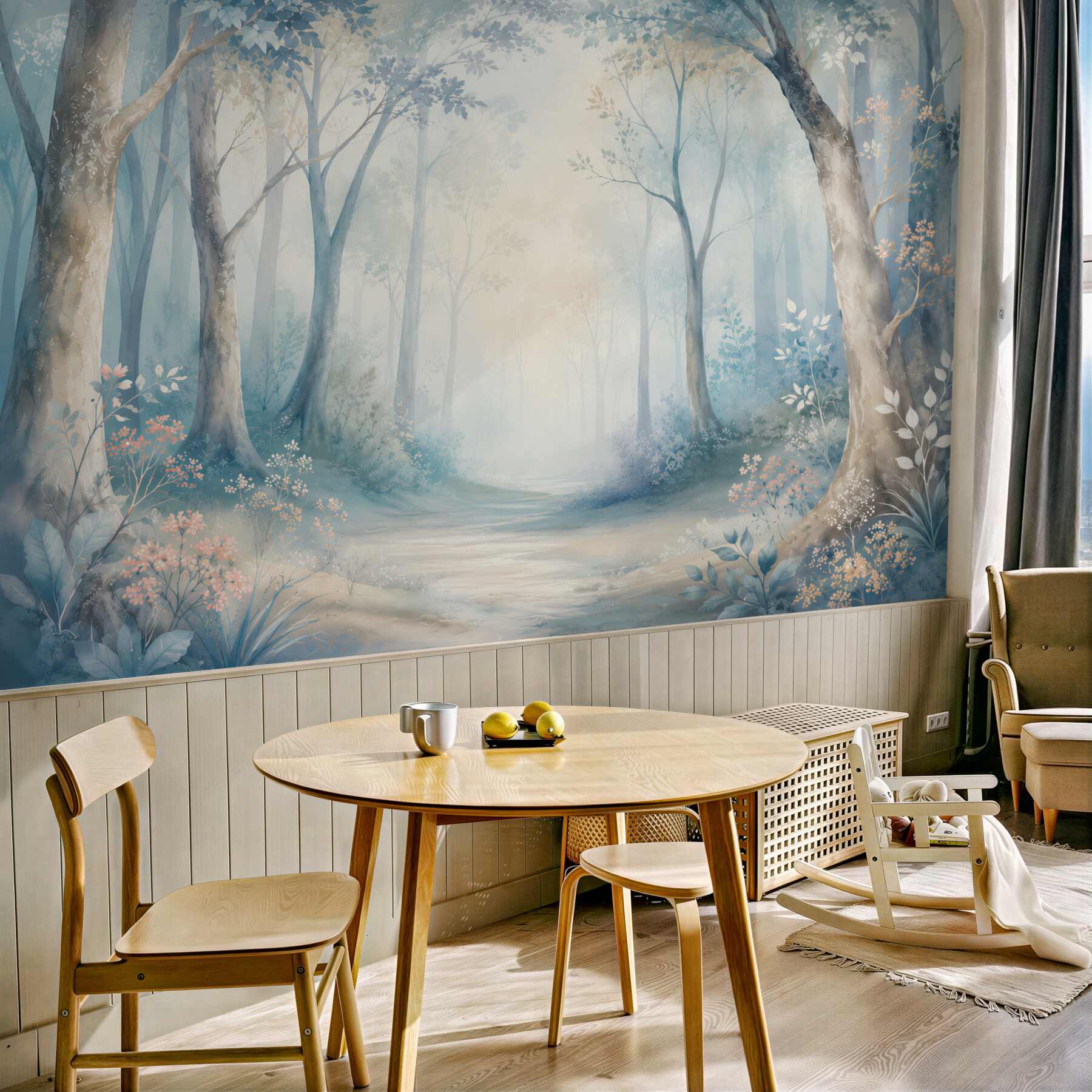 Fototapeta mglisty las w błękitach pastelowy leśny pejzaż?v23