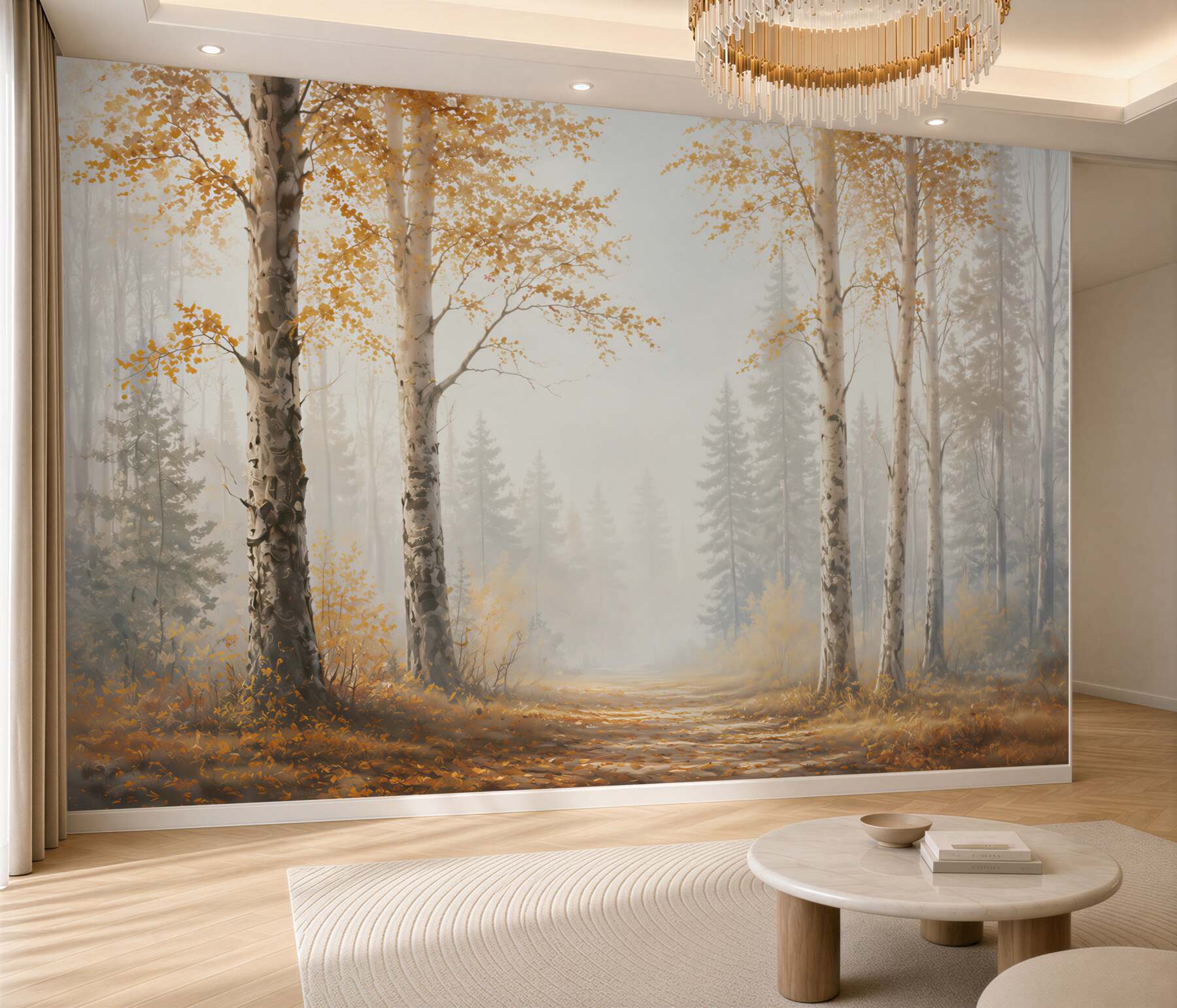 Fototapeta brzozowy las jesienny we mgle spokojna leśna ścieżka?v23