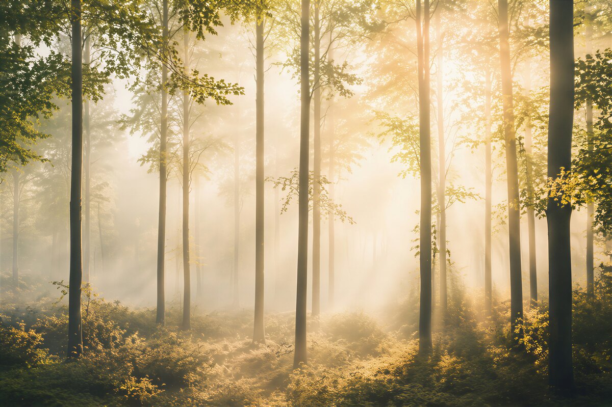 Fototapeta las we mgle z promieniami słońca naturalny pejzaż