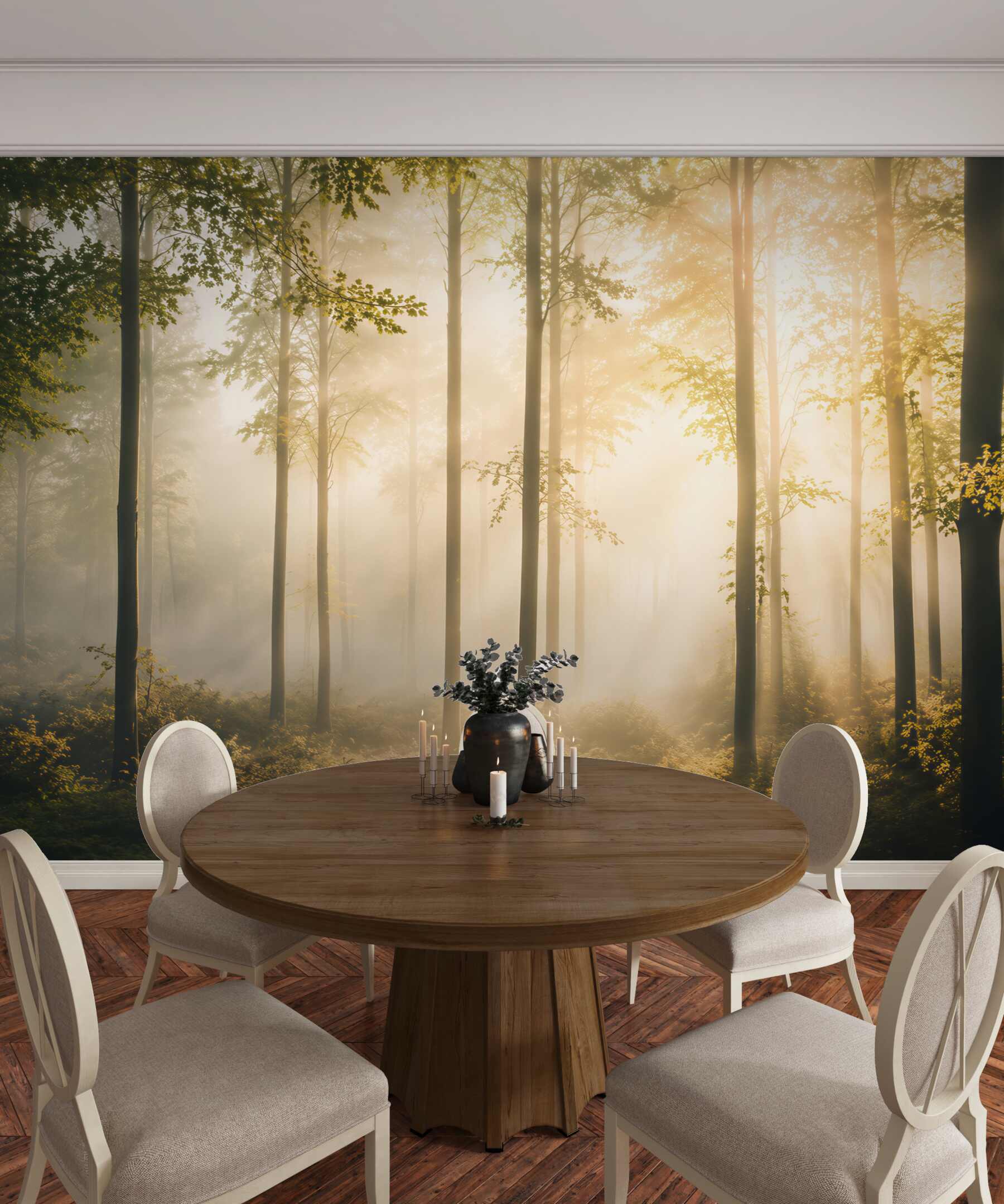 Fototapeta las we mgle z promieniami słońca naturalny pejzaż?v23