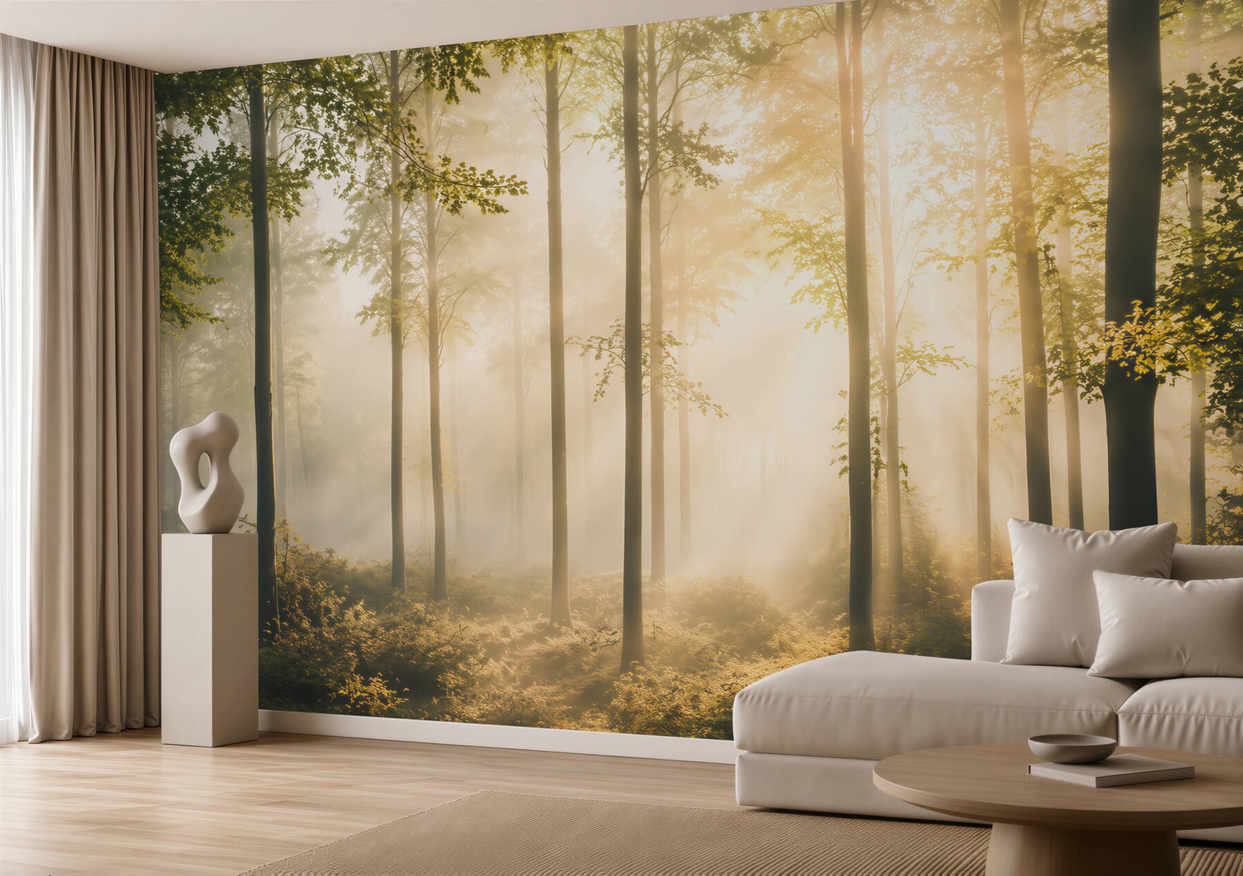 Fototapeta las we mgle z promieniami słońca naturalny pejzaż?v23