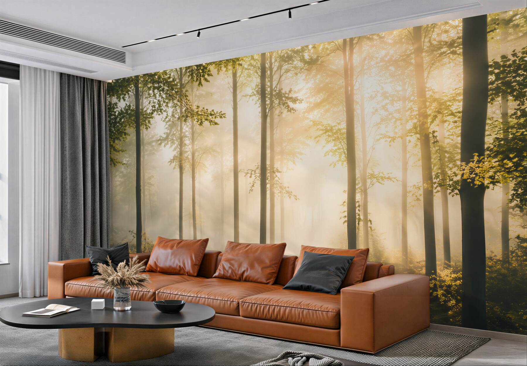 Fototapeta las we mgle z promieniami słońca naturalny pejzaż?v23