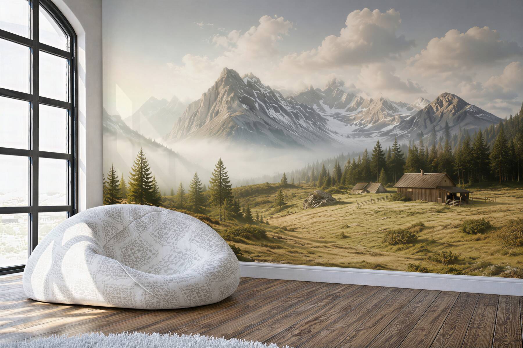 Fototapeta górskie chaty w dolinie ze świerkami i mgłą?v23