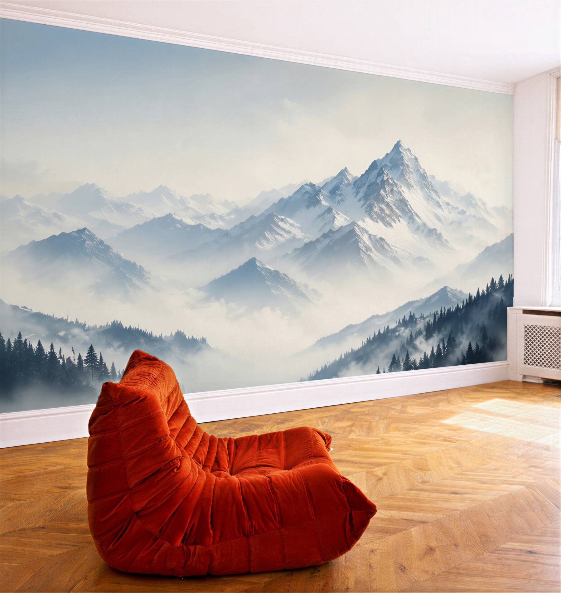 Fototapeta panorama ośnieżonych gór we mgle i świerkowych lasów?v23