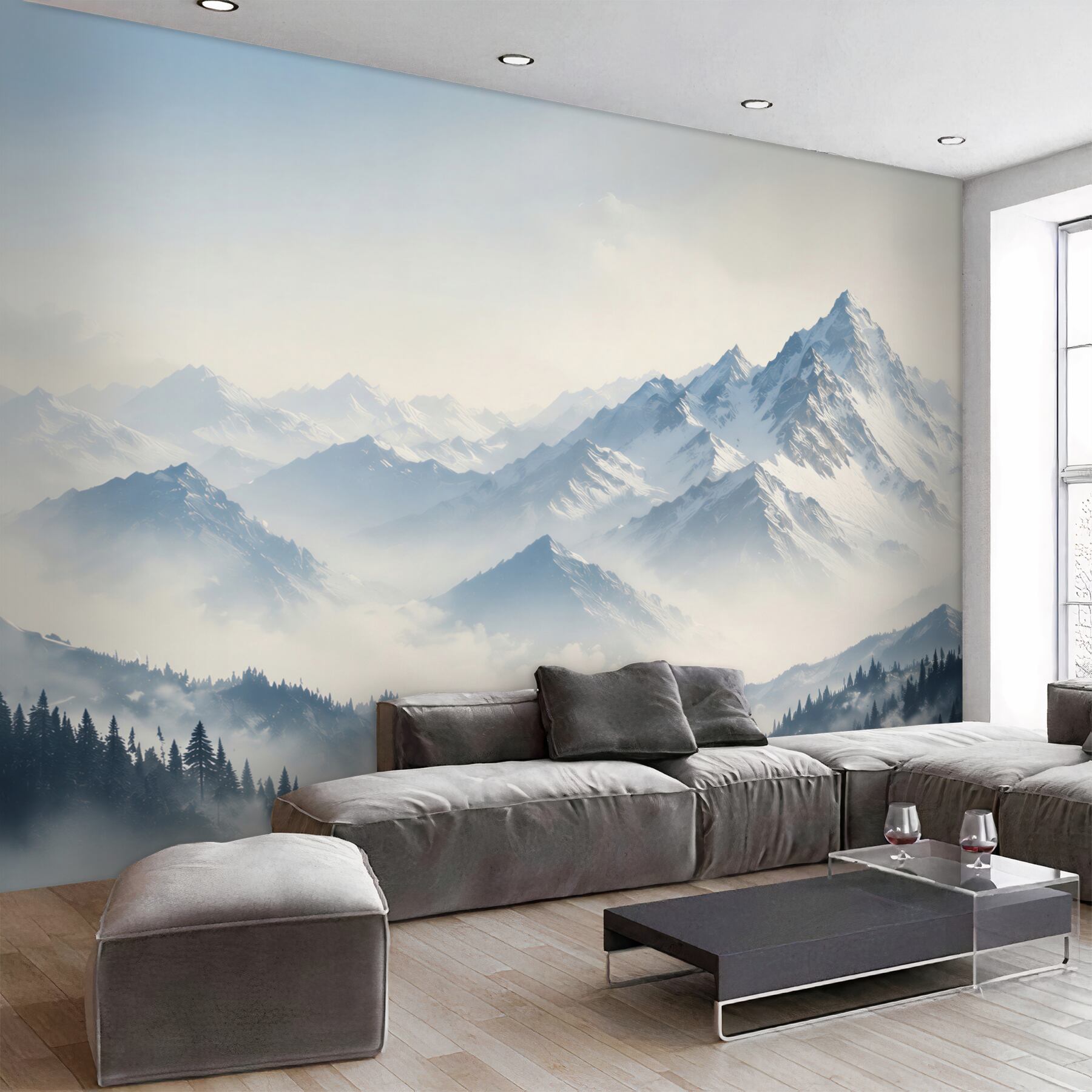 Fototapeta panorama ośnieżonych gór we mgle i świerkowych lasów?v23