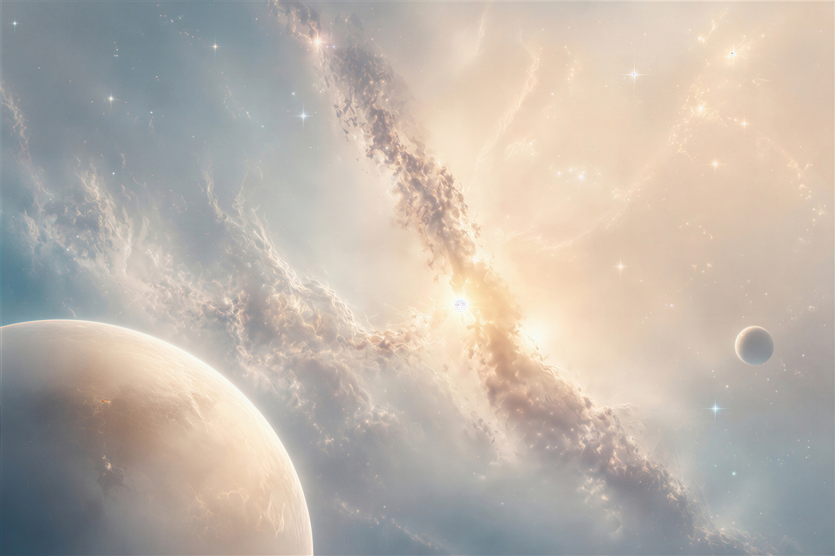 Fototapeta kosmos z planetami i mgławicą w jasnych pastelach