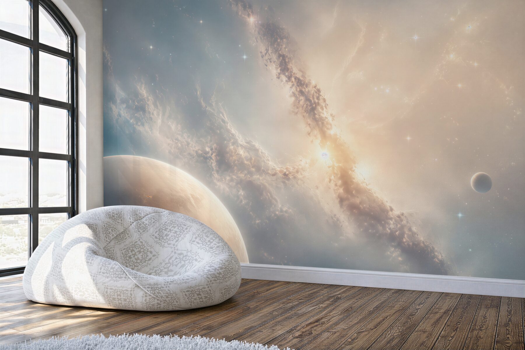 Fototapeta kosmos z planetami i mgławicą w jasnych pastelach?v23