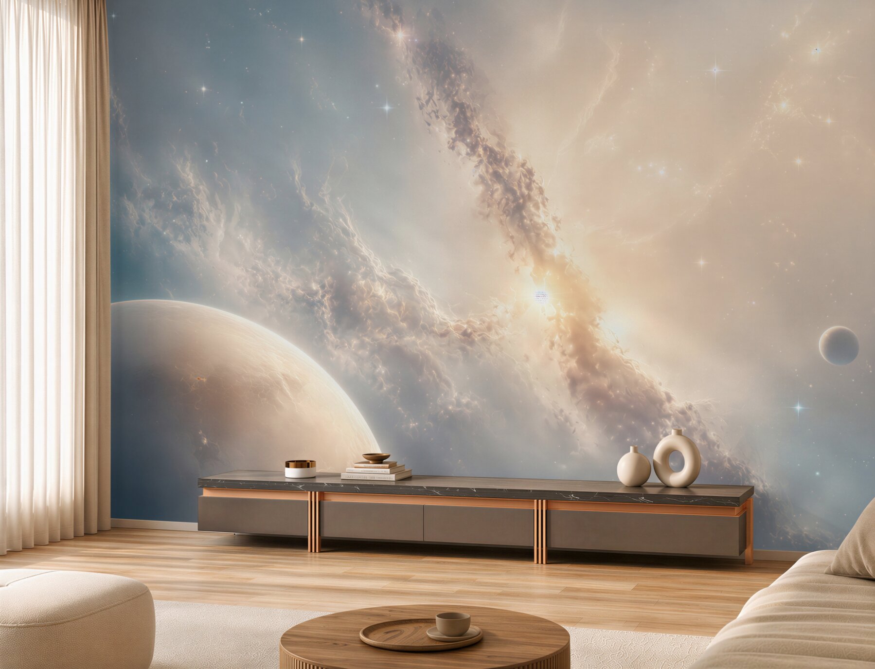 Fototapeta kosmos z planetami i mgławicą w jasnych pastelach?v23